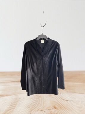 Allison Daley vintage black faux suede shacket embroidery bead trim Sz XL